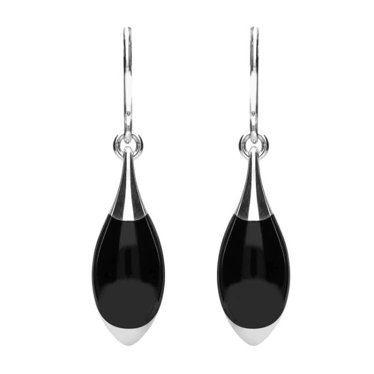 Sterling Silver Whitby Jet Half Pear Drop Hook Earrings - Silver