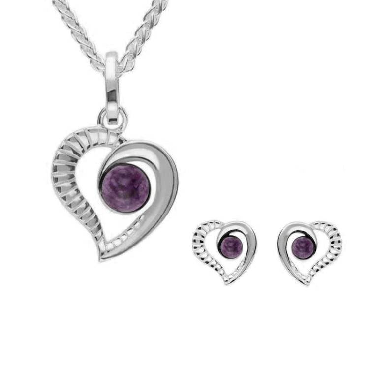 Sterling Silver Blue John Ridged Heart Two Piece Set - Silver