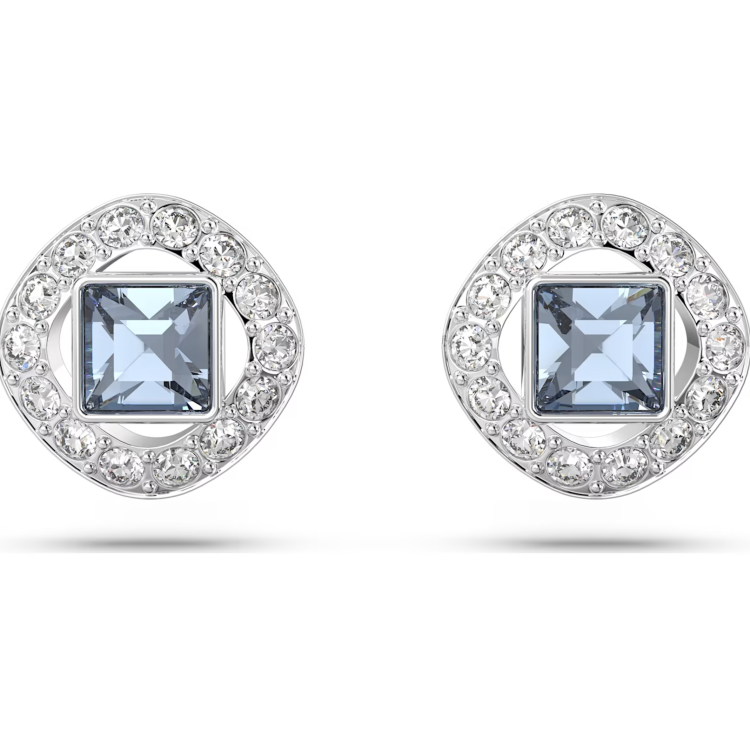 Swarovski Angelic Rhodium Plated Square Cut Blue Crystal Stud Earrings - Silver