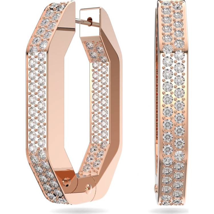 Swarovski Dextera Rose Gold Tone Plated Medium White Crystal Octagon Hoop Earrings - Gold