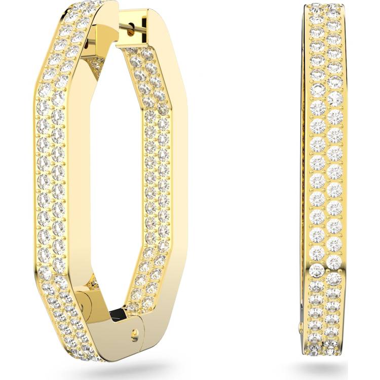 Swarovski Dextera Gold Tone Plated White Crystal Large Octagon Hoop Earrings - Silver