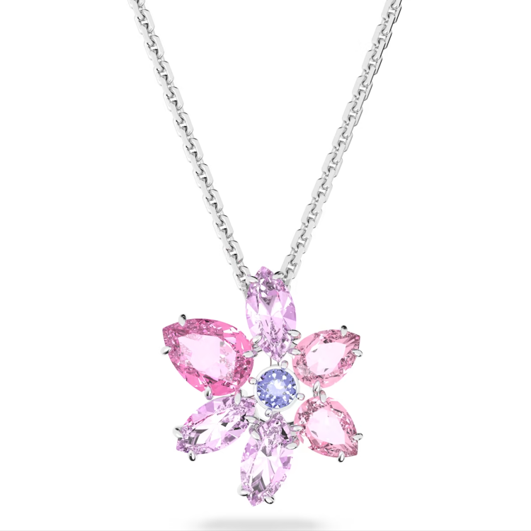 Swarovski Gema Rhodium Plated Flower Pink Crystal Necklace - Silver