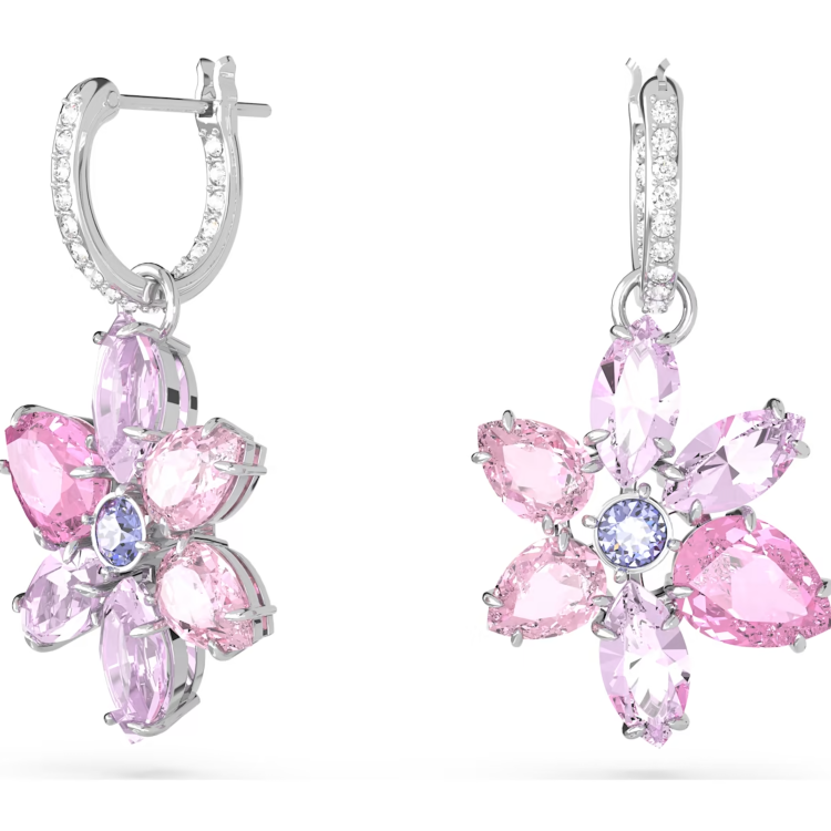 Swarovski Gema Rhodium Plated Flower Pink Crystal Earrings - Silver