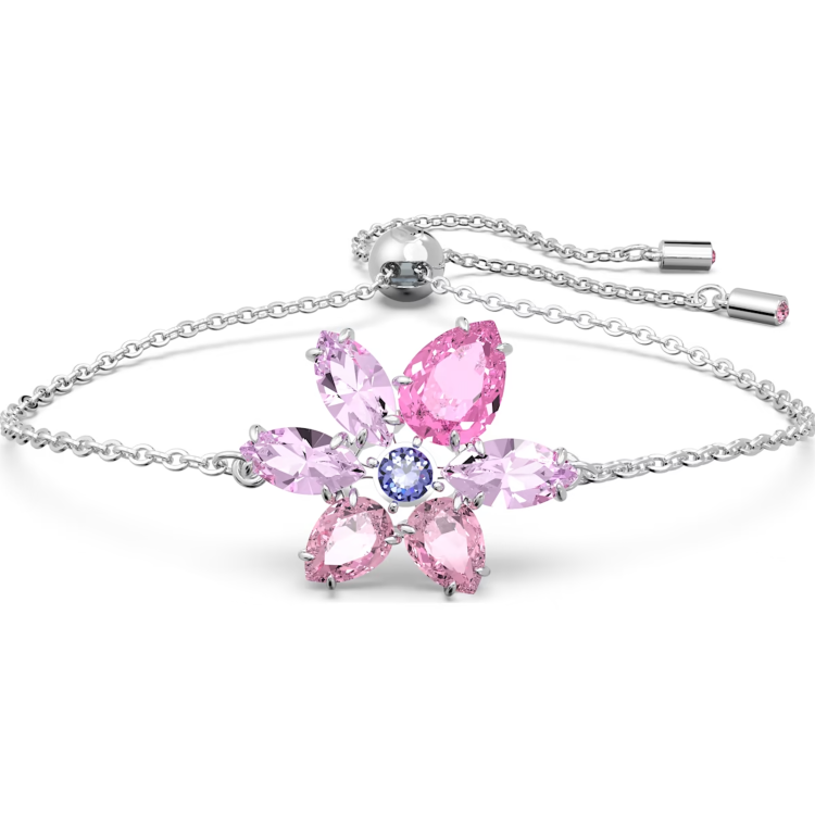 Swarovski Gema Rhodium Plated Flower Pink Crystal Bracelet - Silver