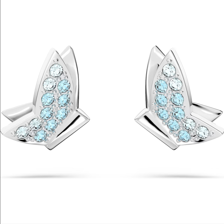 Swarovski Lilia Rhodium Plated Butterfly Blue Crystal Stud Earrings - Silver
