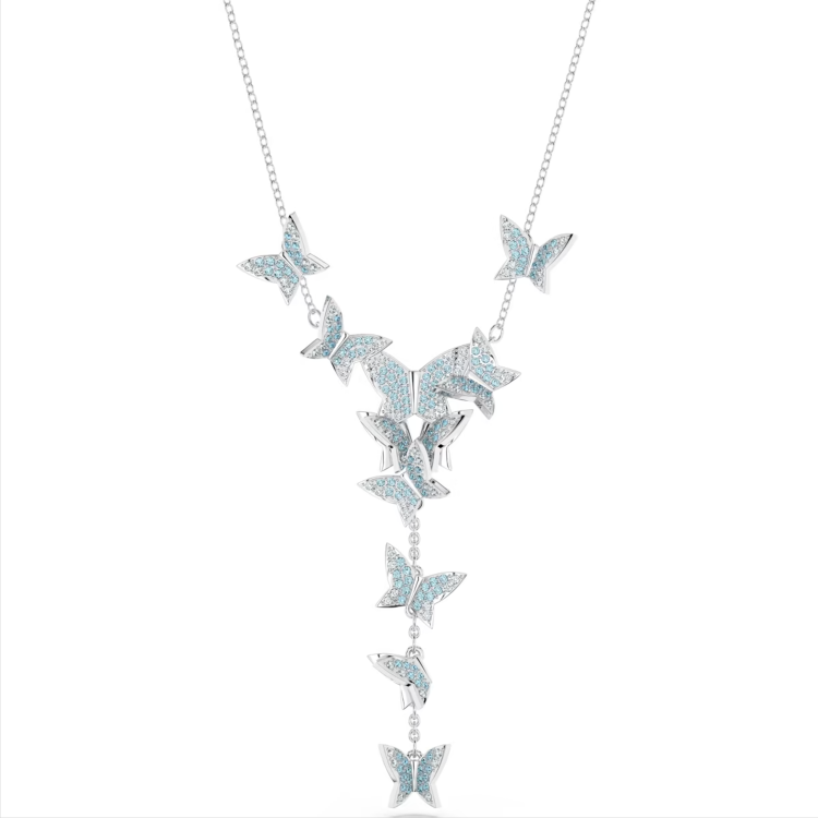 Swarovski Lilia Rhodium Plated Y Butterfly Blue Crystal Necklace - Silver