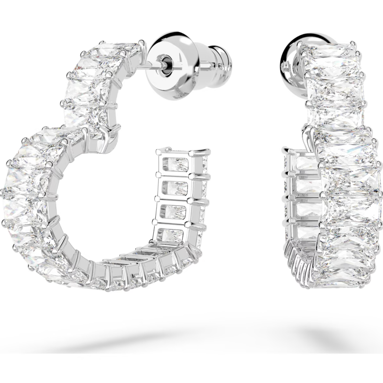 Swarovski Matrix Rhodium Plated Heart White Crystal Hoop Earrings - Silver