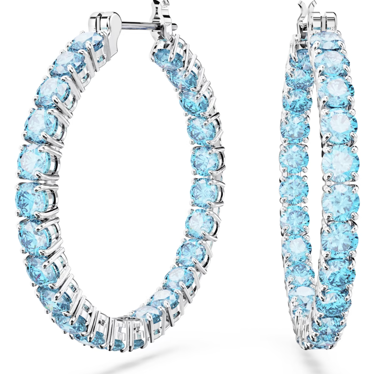 Swarovski Matrix Rhodium Plated Round Blue Crystal Hoop Earrings - Silver