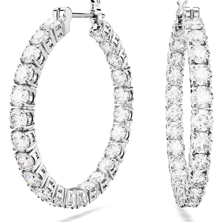 Swarovski Matrix Rhodium Plated Round White Crystal Hoop Earrings - Silver
