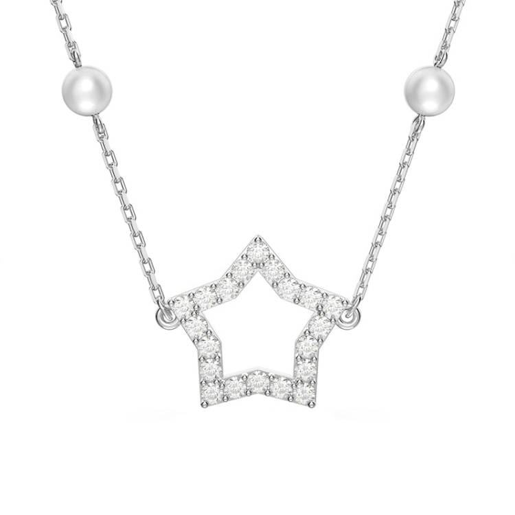 Swarovski Stella Rhodium Plated White Crystal Pearls Star Necklace - Silver