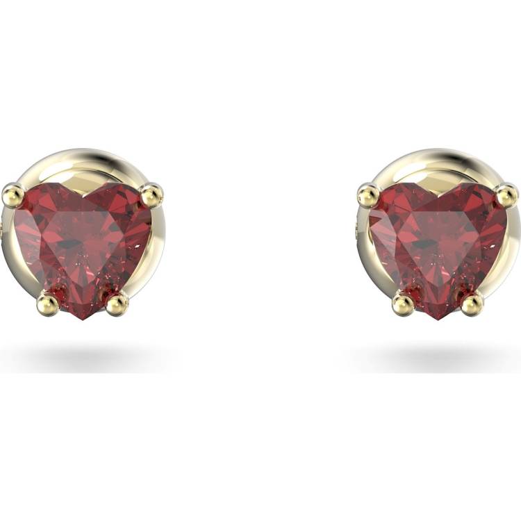 Swarovski Stilla Yellow Gold Tone Plated Red Crystal Heart Stud Earrings - Gold