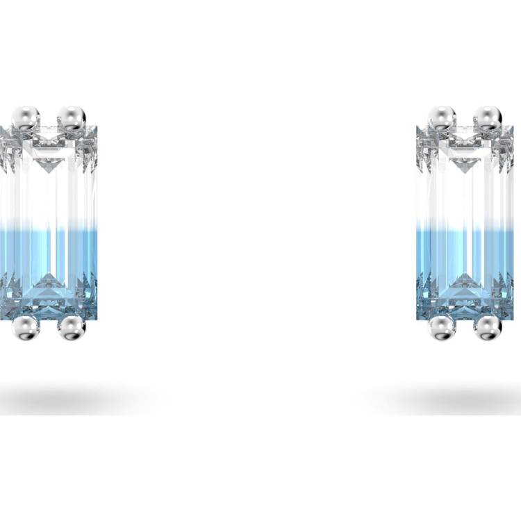 Swarovski Stilla Rhodium Plated Blue Crystal Oblong Stud Earrings - Silver
