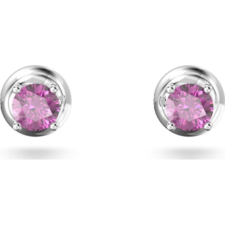 Swarovski Stilla Rhodium Plated Purple Crystal Round Stud Earrings - Silver