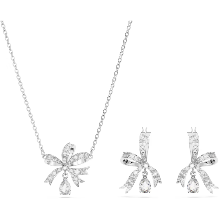 Swarovski Volta Rhodium Plated Bow White Crystal Set - Silver