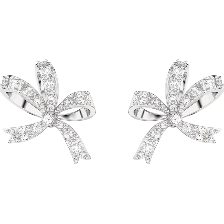 Swarovski Volta Rhodium Plated Small Bow White Crystal Earrings - Silver