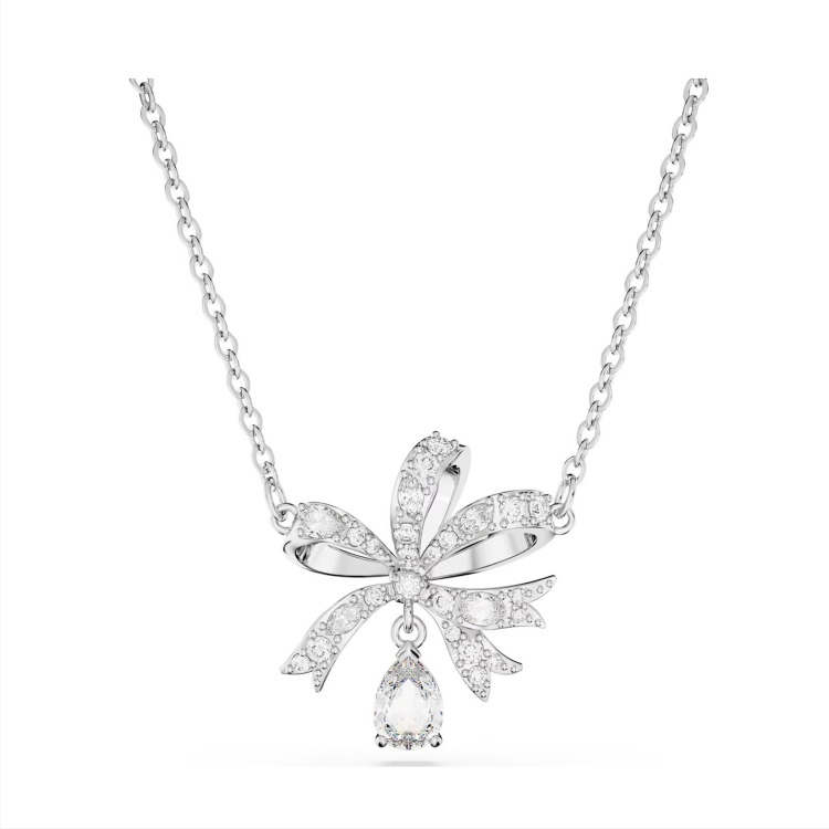 Swarovski Volta Rhodium Plated Small Bow White Crystal Necklace - Silver