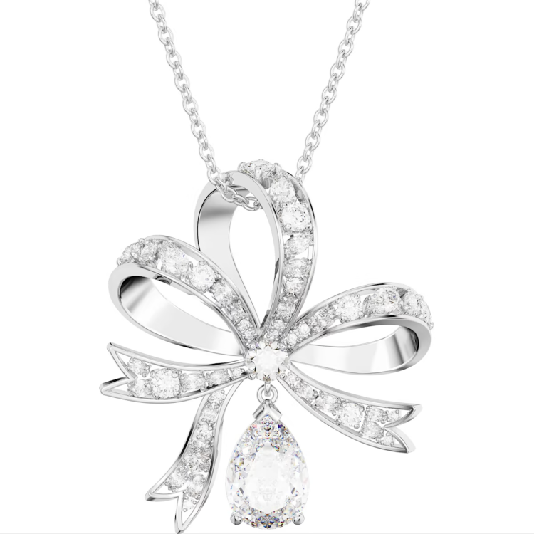Swarovski Volta Rhodium Plated Large Bow White Crystal Necklace - Silver