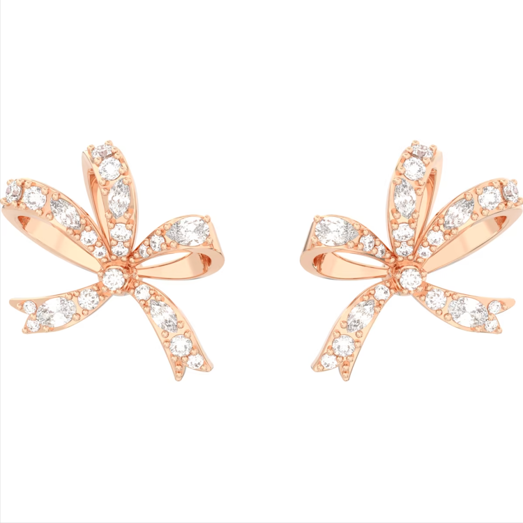 Swarovski Volta Rose Gold Tone Plated Small Bow White Crystal Earrings - Gold