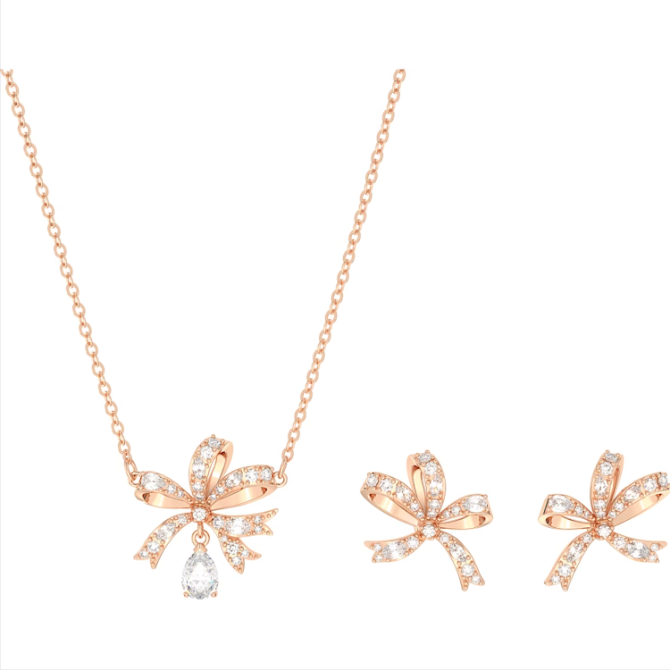 Swarovski Volta Rose Gold Tone Plated Bow White Crystal Set - Gold
