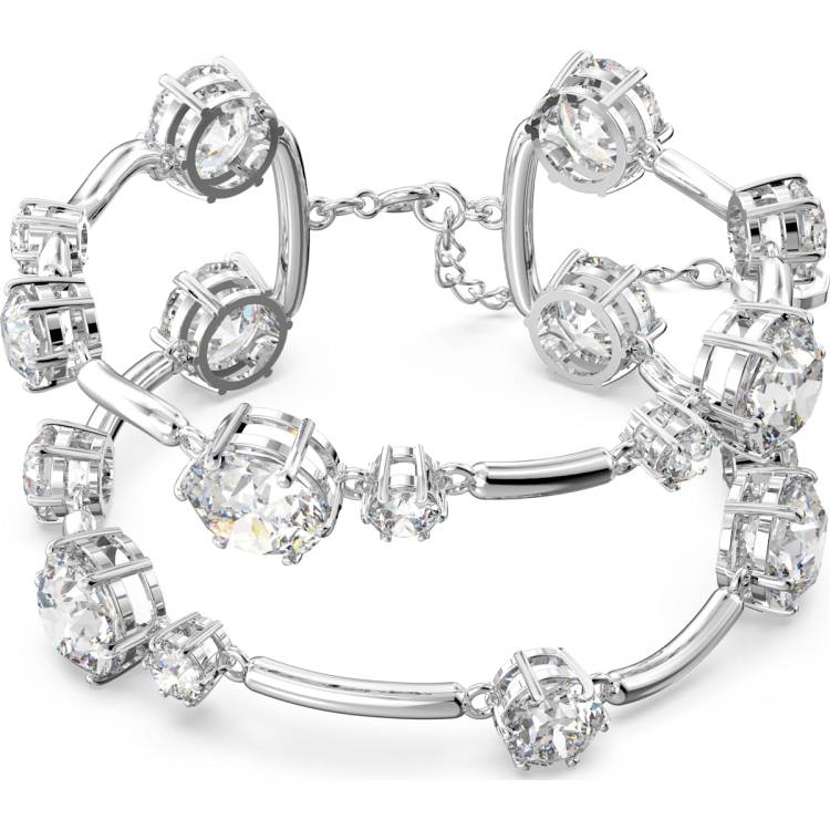 Swarovski Constella Rhodium Plated White Crystal Mixed Round Cuts Bangle - Medium