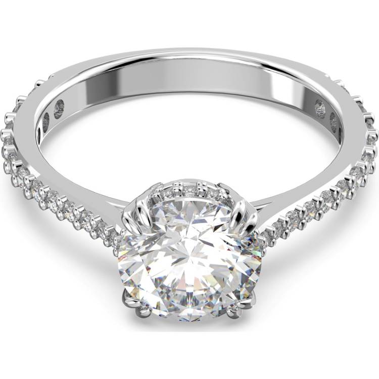 Swarovski Constella Rhodium Plated White Crystal Pave Cocktail Ring - Size 52