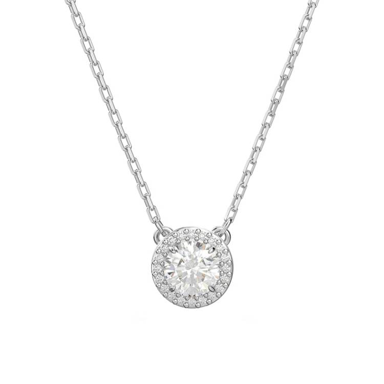 Swarovski Constella Rhodium Plated White Crystal Pave Round Pendant - Silver