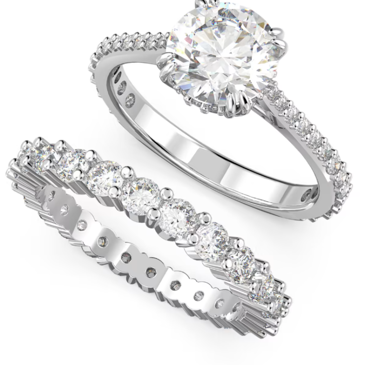 Swarovski Constella Rhodium Plated White Crystal Pave Two Piece Ring Set - Size 60