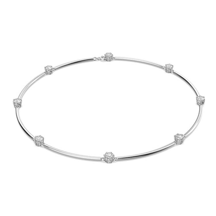 Swarovski Constella Rhodium Plated White Crystal Round Cut Necklace - Silver