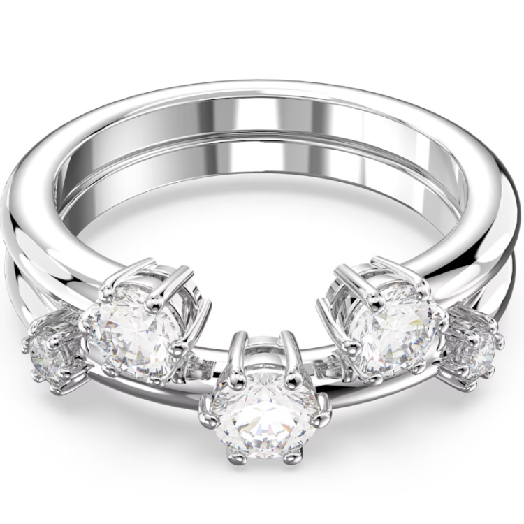 Swarovski Constella Rhodium Plated White Crystal Two Piece Ring Set - Size 50