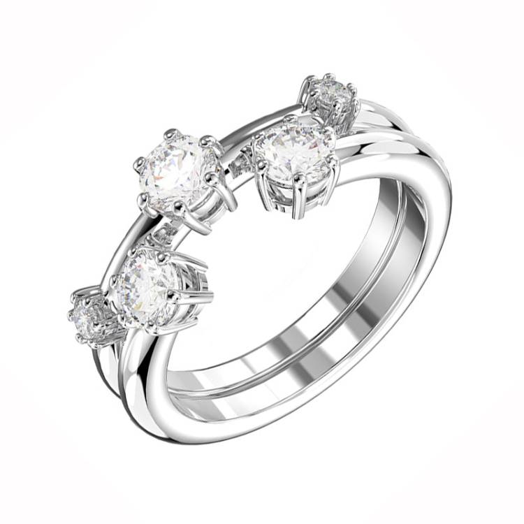 Swarovski Constella Rhodium Plated White Crystal Two Piece Ring Set Size 58 - 58