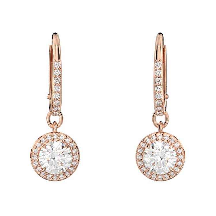 Swarovski Constella Rose Gold Tone Plated White Crystal Pave Drop Earrings - Gold