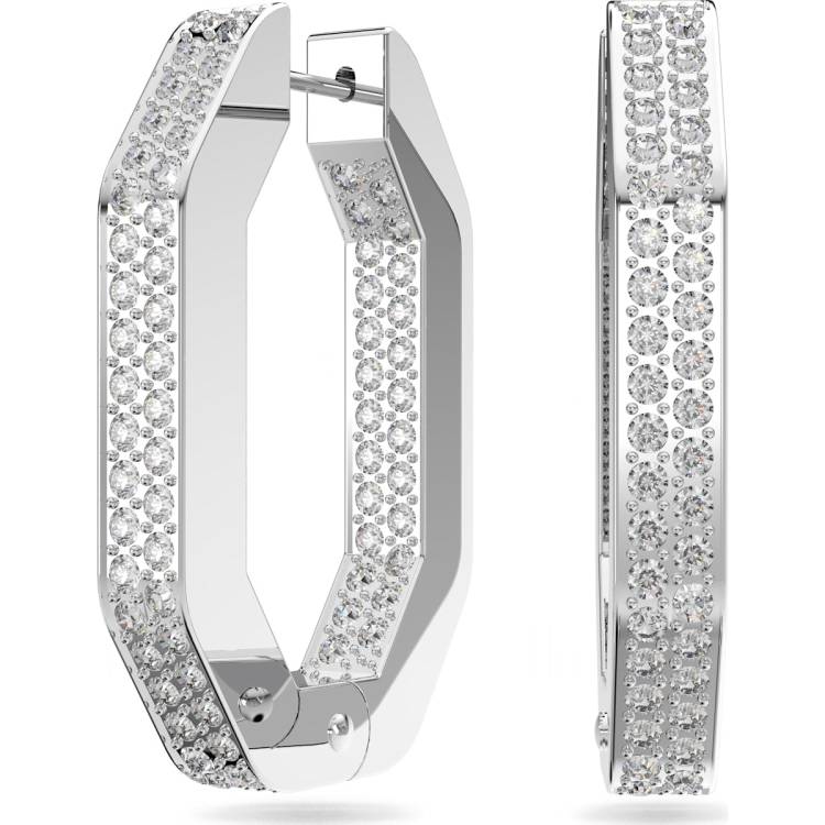 Swarovski Dextera Rhodium Plated White Crystal Octagon Medium Hoop Earrings - Silver