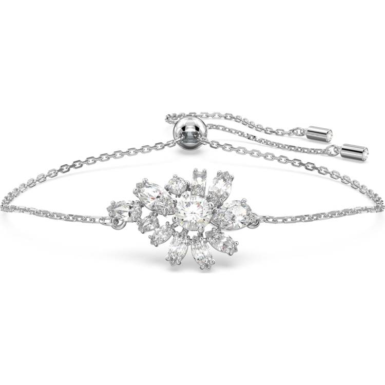 Swarovski Gema Rhodium Plated White Crystal Flower Adjustable Bracelet - Silver