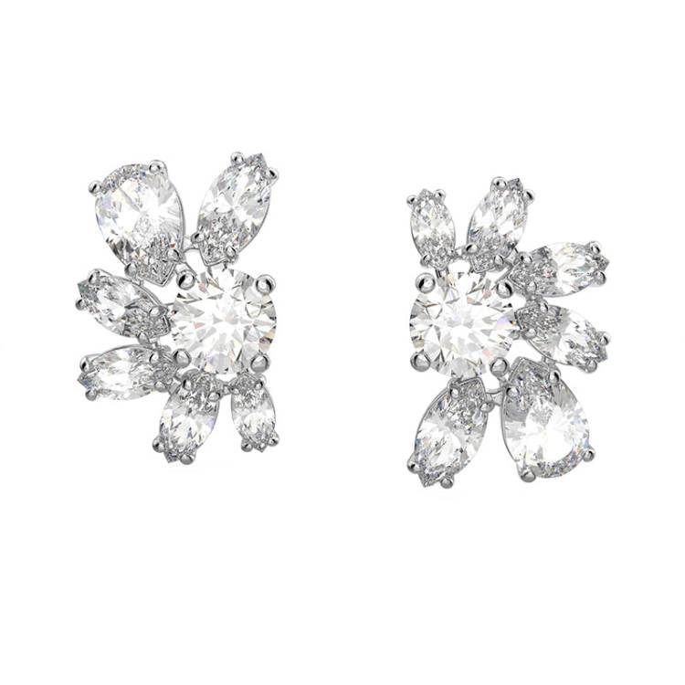 Swarovski Gema Rhodium Plated White Crystal Flower Stud Earrings - Gold