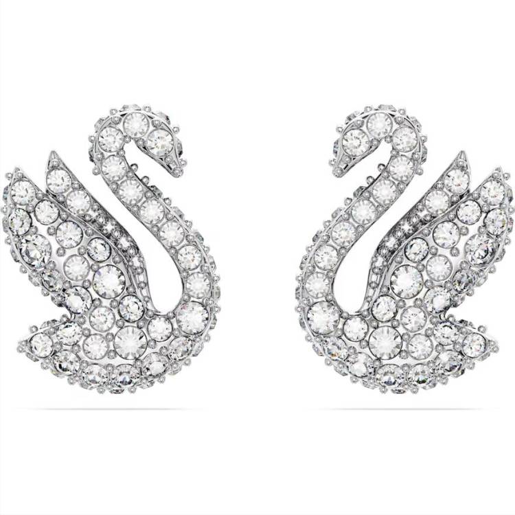 Swarovski Iconic Swan Rhodium Plated White Crystal Stud Earrings - Silver