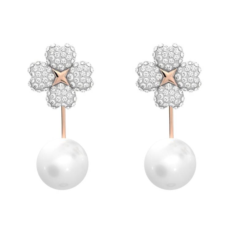 Swarovski Latisha Rose Gold Tone Plated White Flower Crystal Pearl Earring Jackets D - Silver