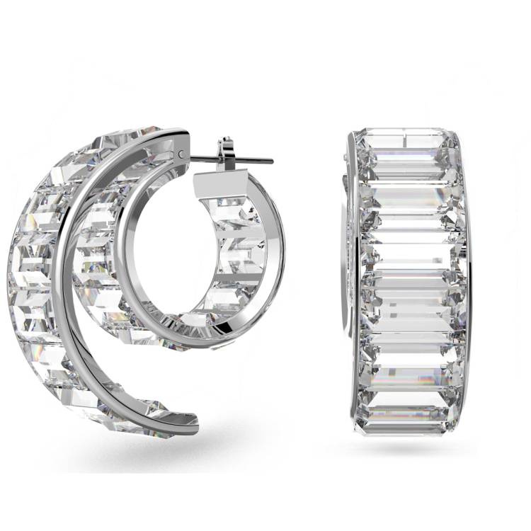 Swarovski Matrix Rhodium Plated White Crystal Baguette Cut Hoop Earrings - Silver