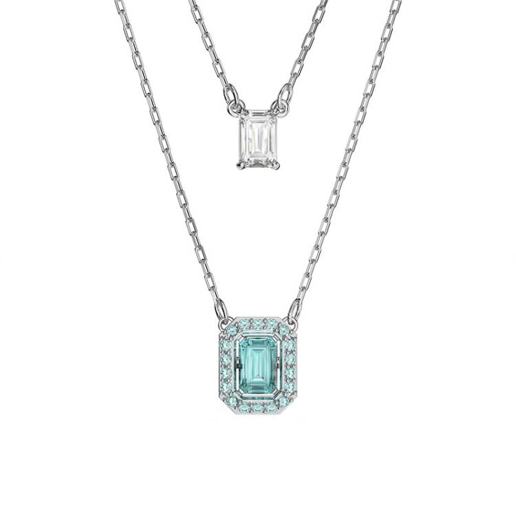 Swarovski Millenia Rhodium Plated Blue Crystal Octagon Cut Layered Necklace - Silver