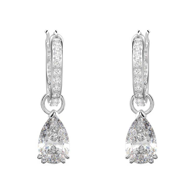 Swarovski Millenia Rhodium Plated White Crystal Pear Cut Hoop Earrings - Silver