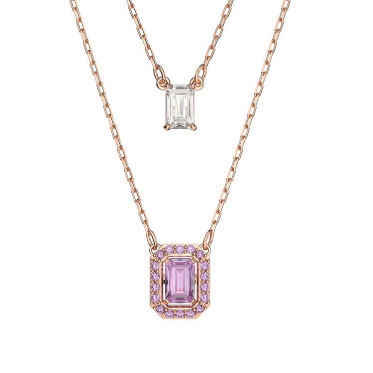 Swarovski Millenia Rose Gold Tone Plated Purple Crystal Octagon Cut Layered Necklace - Gold