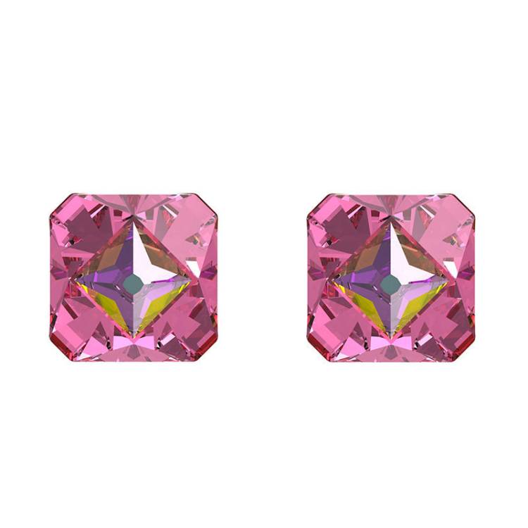 Swarovski Ortyx Gold Tone Plated Pink Crystal Pyramid Cut Stud Earrings - Silver