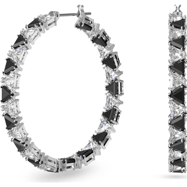 Swarovski Ortyx Rhodium Plated Black Crystal Triangle Cut Hoop Earrings - Medium
