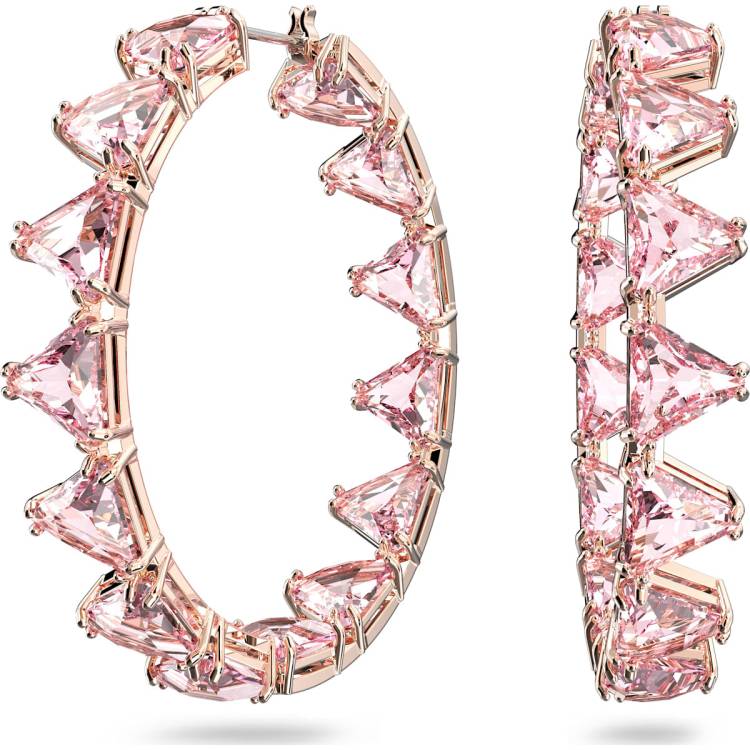 Swarovski Ortyx Rose Gold Tone Plated Pink Crystal Triangle Cut Hoop Earrings - Silver