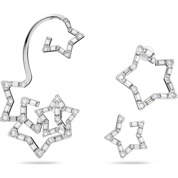 Swarovski Stella Rhodium Plated White Crystal Star Ear Cuff Earrings Set - Silver
