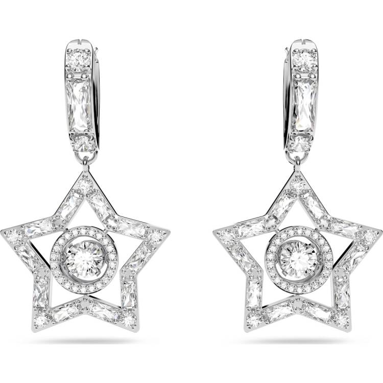 Swarovski Stella Rhodium Plated White Crystal Star Hoop Earrings - Silver