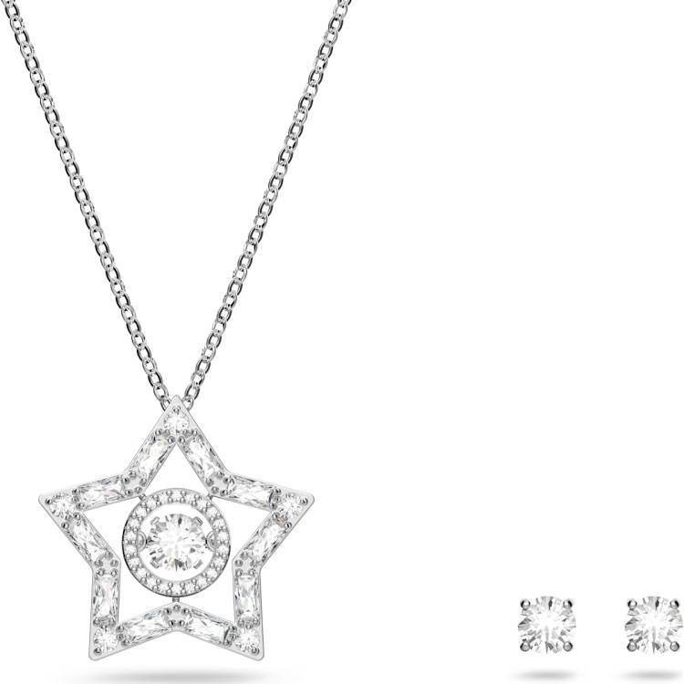 Swarovski Stella Rhodium Plated White Crystal Star Necklace Earring Set - Silver