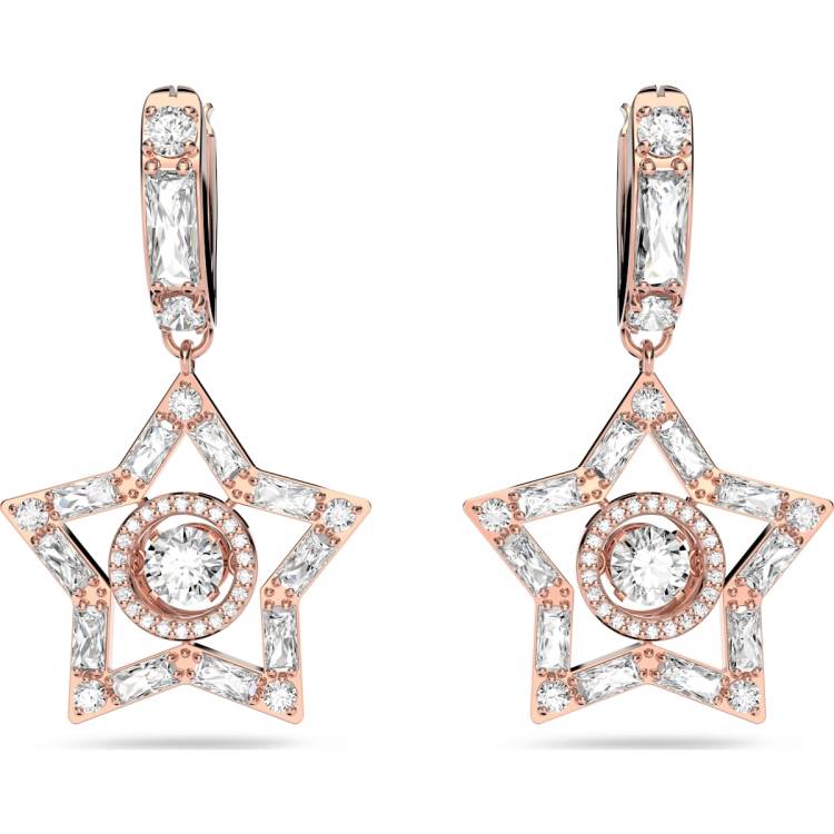 Swarovski Stella Rose Gold Tone Plated White Crystal Star Hoop Earrings - Silver