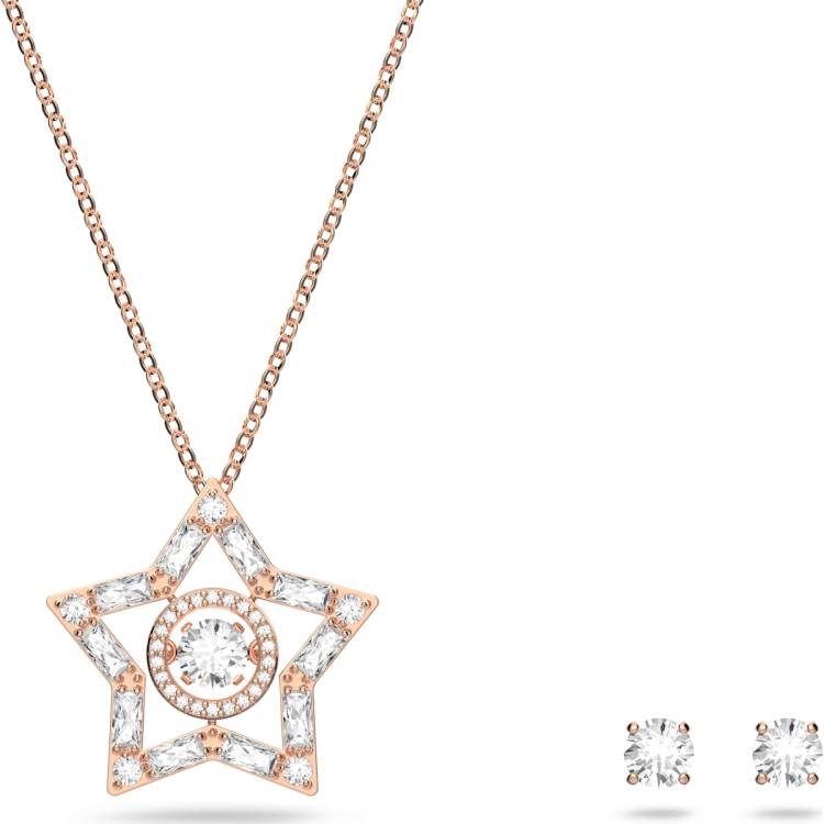 Swarovski Stella Rose Gold Tone Plated White Crystal Star Necklace Earring Set - Silver