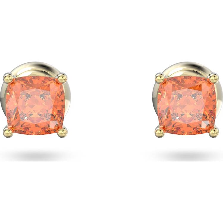 Swarovski Stilla Gold Tone Plated Orange Crystal Cushion Cut Stud Earrings - Silver