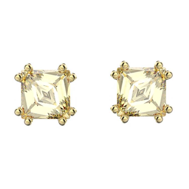 Swarovski Stilla Gold Tone Plated Yellow Crystal Cushion Cut Stud Earrings - Silver